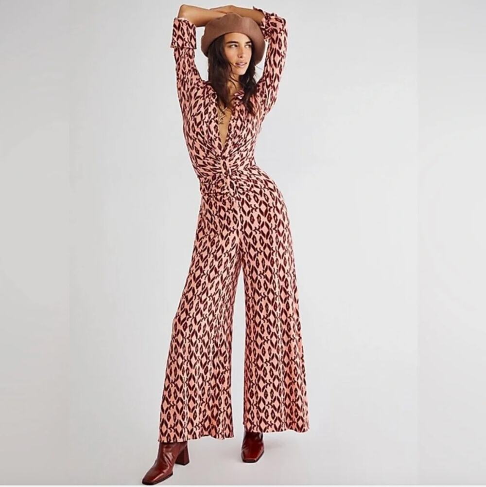Free People Shayla Button Front Wide Leg Jumpsuit Size XS Retro Geometric Boho